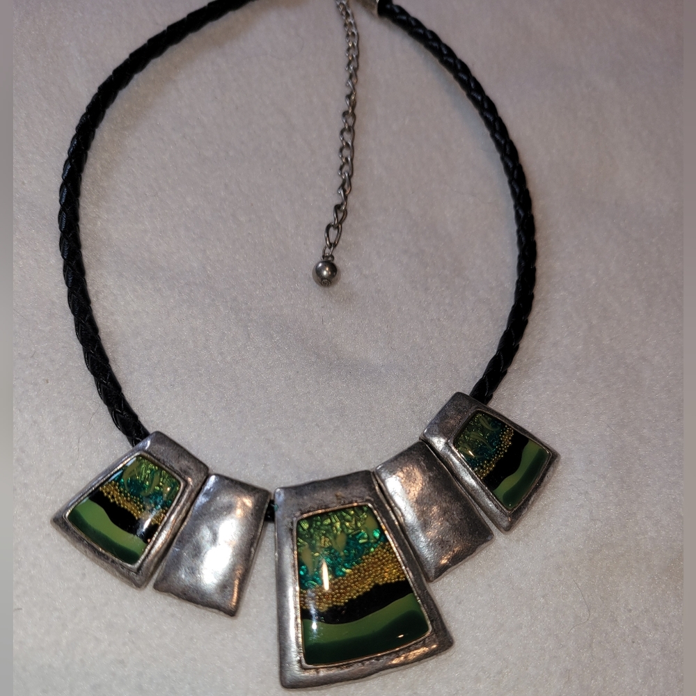 Vintage Chico’s Mosaic Enameled Silver Tone Black Leather Braided Necklace